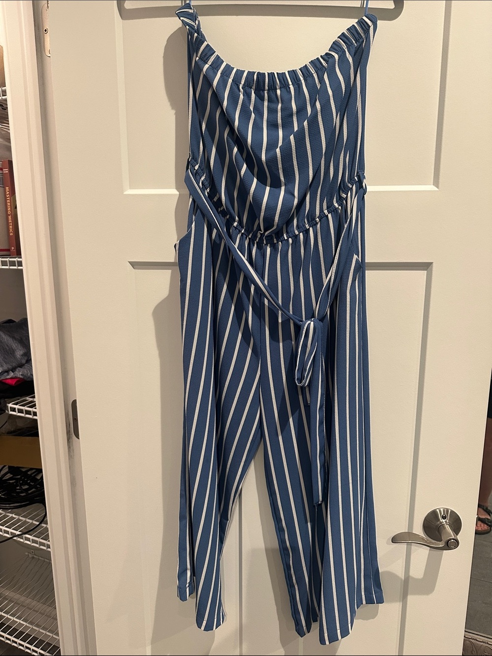 Striped Blue & White Jumpsuit with Waist Tie wide cropped legs with pockets